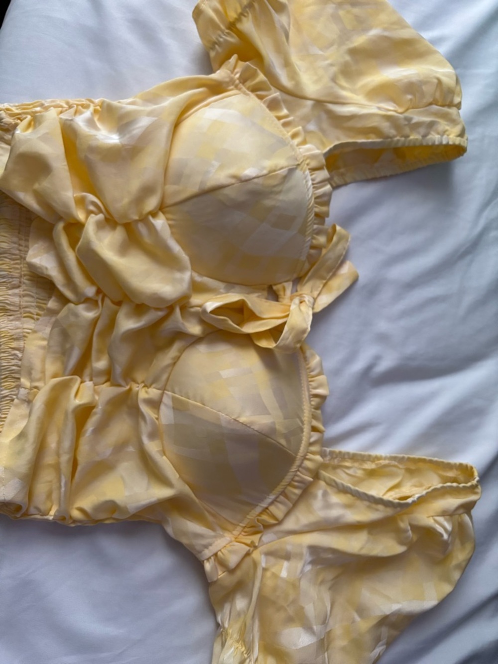 Yellow Satin Puff-Sleeve Crop Top